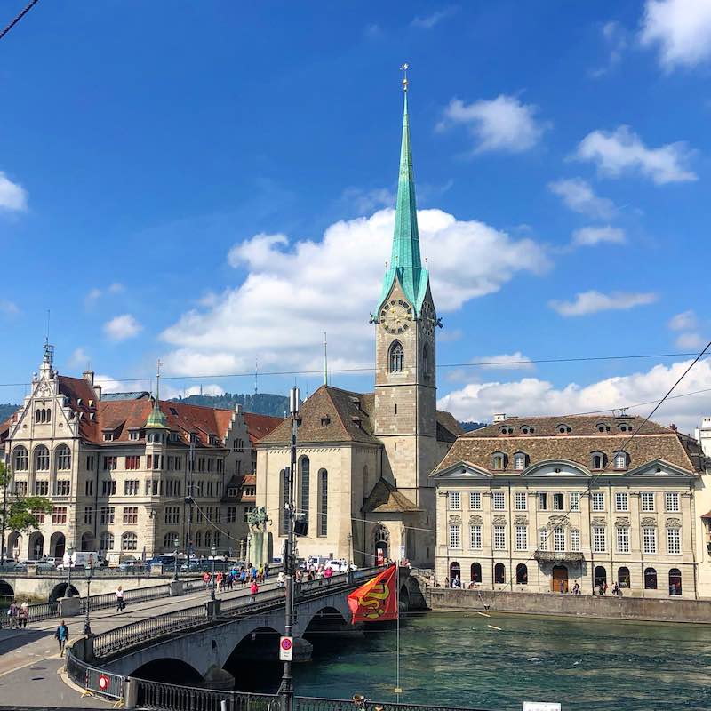 Zurich River and Church Spire Old Town